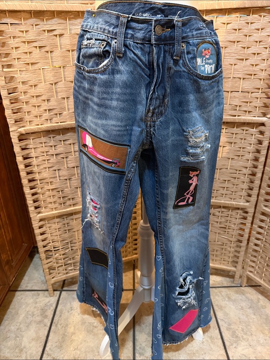 Old Navy Denim - Old Navy Distressed Blue Denim Jeans with Pink Patch Accents